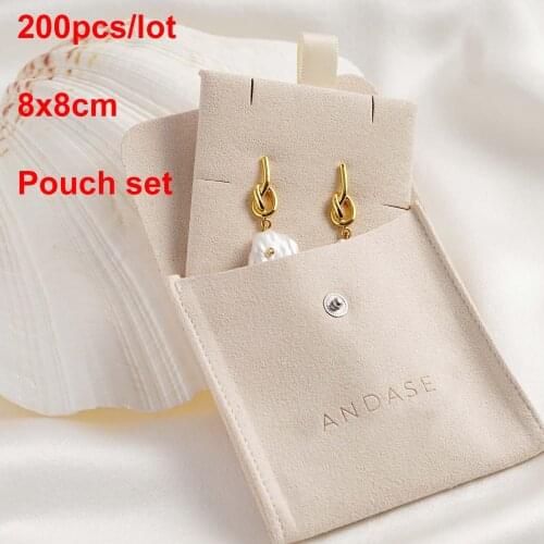 100 200pcs 8x8cm Custom Logo Pouch Snap Button Bag Ivory Microfiber Earring Necklace Packaging Bag Set Insert Pad Jewelry Pouch