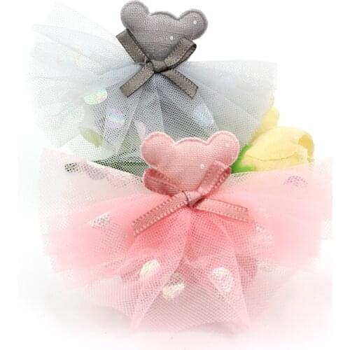 12Pcs 5.5*7cm Handmade Bear in a Skirt Padded Appliques Babys Crafts Headwear Hair Clip Decor Clothing Accessories Wholesale