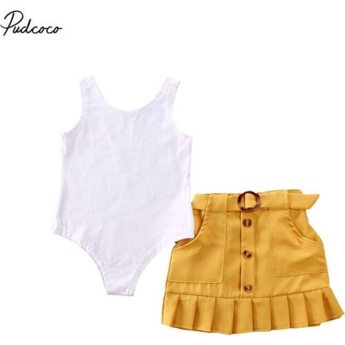 2020 2pcs Toddler Kids Baby Girls Solid Vest White Romper+ Button A-line Skirt Summer Outfits Set Summer 2pcs