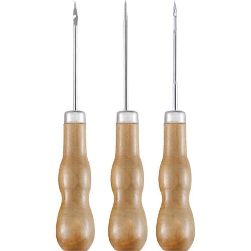 3PCS Canvas Leather Sewing Shoes Wood Handle Tool Awl Hand Stitching Taper Leathercraft Needle Tool Kit Craft Sewing Supplies