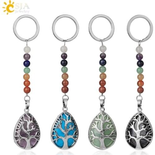 CSJA Tree of Life Keychain 7 Chakra Water Drop Natural Stone Key Holder Women Men Car Bag Keyring Reiki Fashion Accessories G347