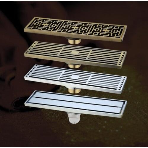 Drains Euro Style Antique Brass Bathroom Linear Shower 8*30cm Chrome Floor Drain Wire Strainer Art Carved Cover Waste Drain