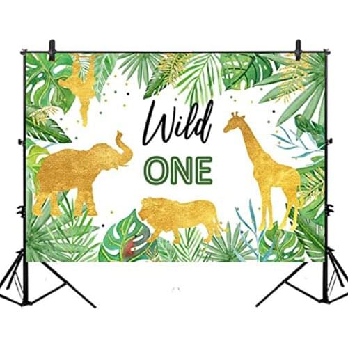 Wild Animals Backdrop Green Leaves and Golden Animals Photography Background Holiday Celebration Photo Booth Studio Decor