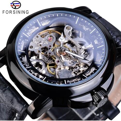 Forsining Skeleton Mechanical Mens Watch Black Leather Strap Business Waterproof Clock Luminous Hands Automatic Man Wristwatches