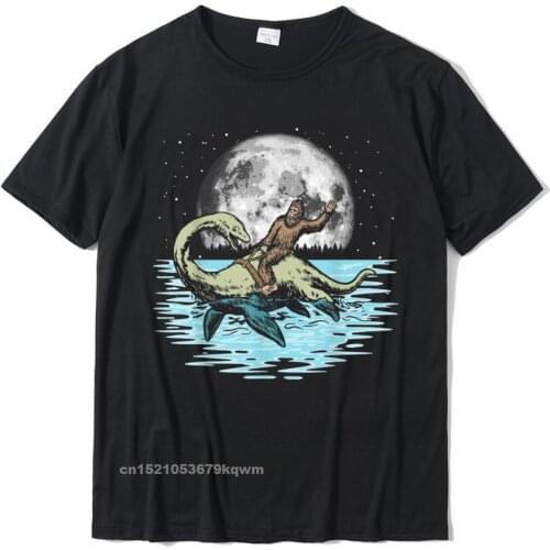 Funny Bigfoot Riding Nessie Loch Ness Monster Full Moon T-Shirt Tops & Tees Fitted Geek Cotton Men Tshirts Harajuku