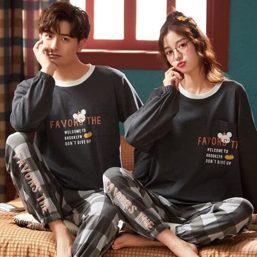 Couple spring and autumn tight match double-sided cotton round neck Pullover long sleeve trousers comfortable couple pajamas CKE