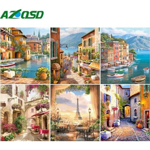 AZQSD Oil Painting By Number Landscape Handpainted Modern Wall Picture By Numbers Seaside Town Handmade Room Decoration