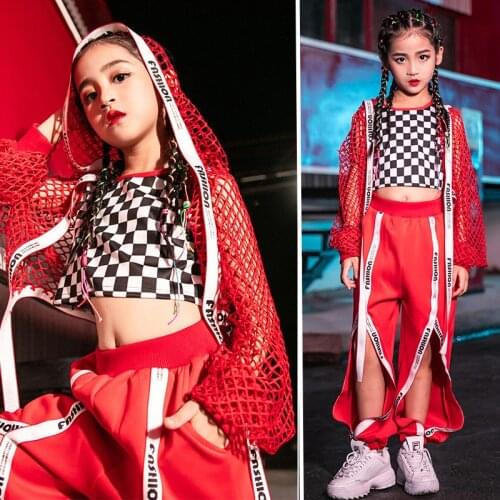 New Jazz Dance Costume Girls Street Wear Red Net Coat Fashion Haren Pants Hip Hop Kids Clothes Performance Stage Outfits VDB962
