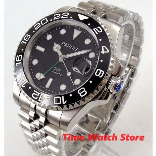 40mm parnis mechanical watch men luminous waterproof stainless steel new bracelet black GMT sapphire ceramic bezel Auto PA1264