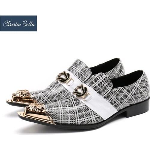 Christia Bella Fashion Gingham Pattern Men Genuine Leather Shoes Metal Pointed Toe Formal Shoes Male Wedding Leather Shoes