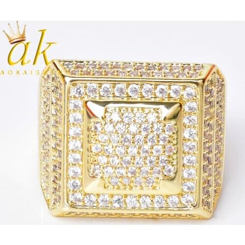 Rings For Men Gold Color Iced Full Zircon Charms Copper Hip Hop Rock Jewelry