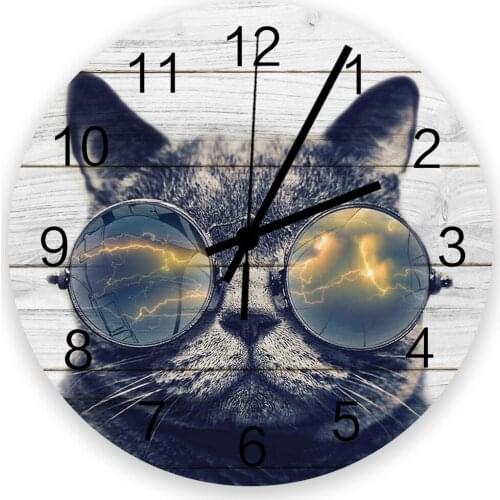 Cat With Sunglasses On Wooden Board Texture Wall Clock Wooden Modern Design Digital Clocks Home Living Room Wall Decoration