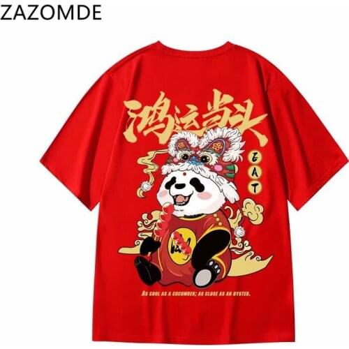 ZAZOMDE 2021 New Men Red Tshirt Men Printed T-shirt men Hip Hop Tshirt Men Top&Tee Cotton Chinese Style Street Tees Streetwear