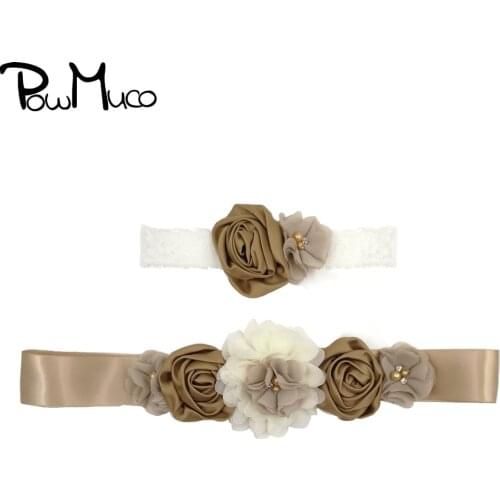 Powmuco Hand Sewn Rhinestone Beads Flowers Belt and Hairband Set Handmade Chiffon Floral Women Sash Lace Headband Birthday Gifts