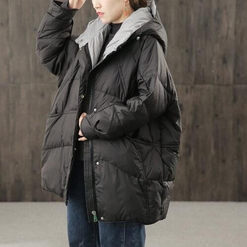 Colorblock Hooded Down Jacket 2020 Winter Coat New Womens Light White Duck Down Coat Mid-length Fashion Oversized Overcoat y283