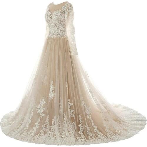 Long Sleeve Wedding Dress for Bride 2021 Lace Tulle Formal Bridal Gowns A Line Prom Ball Gown with Train O Neck