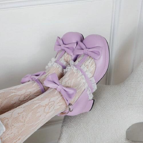 ZawsThia Lolita Girls Mary Janes Shoes Bowknot Princess Ruffles Japan Sweet Bride Purple Party Dress Pumps Cosplay Size 34-48