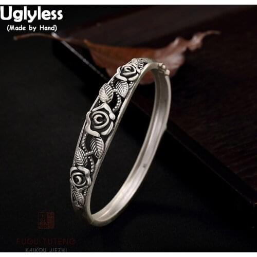 Uglyless Real S 999 Fine Silver Bangles Women Vintage Hollow Rose Bangle Romantic Floral Jewelry Handmade Engraving Leaf Bijoux