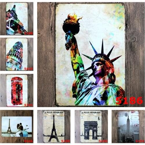Vintage Metal Tin Sign Landmark Building Statue of Liberty Leaning Tower of Pisa Eiffel Tower Triumphal Arch for Bar Decoration