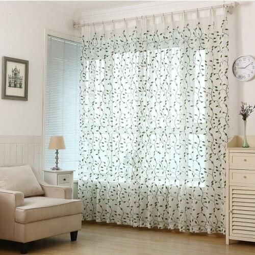 Embroidered Green Leaves Simple Tulle Curtains for Living Room Kitchen Bedroom Custom Made Window Screening