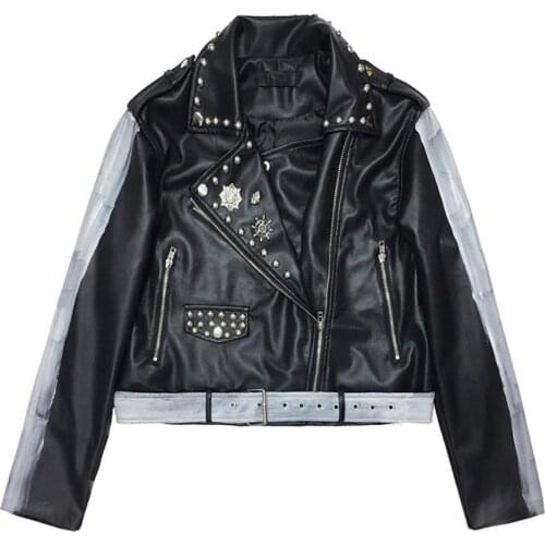 2020 Autumn New Rivet Graffiti PU Leather Jacket Women Loose Punk Rock Motorcycle Jacket With Belt