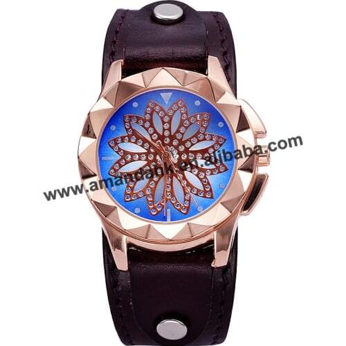Wholesale flower shape lady leather watch for women gold case rhinestone watch quartz women casual geneva style wristwatch
