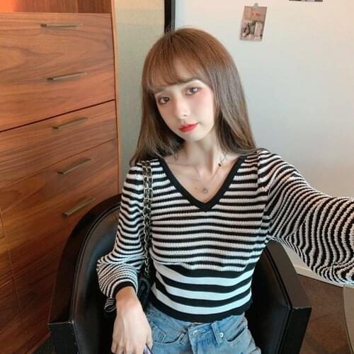 Woman Sweaters Autumn Waist Trimming Short Striped V-neck Pullover Long-Sleeved Sweater Top For Women