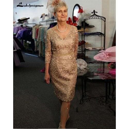 Fashion Champagne lace mother dresses knee length short party gowns v neck 3/4 long sleeves zipper back vestidos de festa
