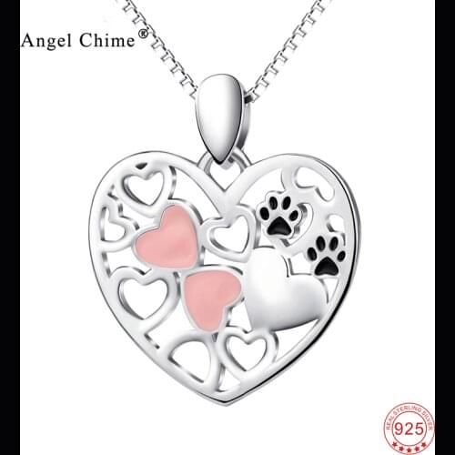925 Sterling Silver Dog Cat Paw Print in Cut Out Heart Crystal Paved Pendants Necklaces Love Animal Pet Jewelry for Women