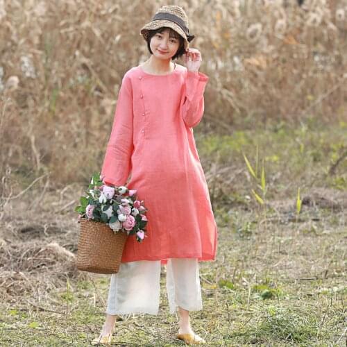 S910 Dress Ramie Solid Color Improvement Jade Grease Button Nine Part Sleeve Dress Cheongsam Longuette