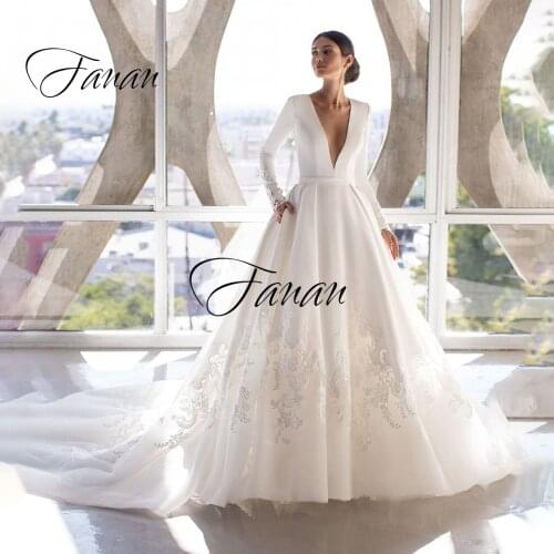 New Luxury Deep V-Neck Wedding Dress Long Sleeve Lsce Appliques Tulle Chapel Train Bridal Gown robe de soirée de mariage платье