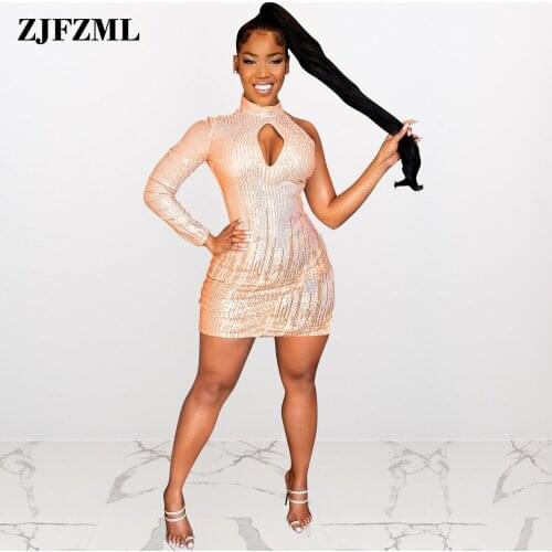 Bling Glitter Sequin Women Clubwear Party Dress Cut Out Front Single Full Sleeve Bodycon Sheath Autumn Winter Elegant Vestidos