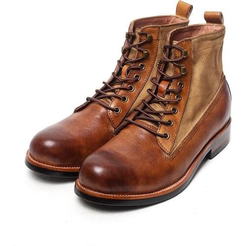 American Vintage Mens Motorcycle Boots Real Leather Lace-up Boots