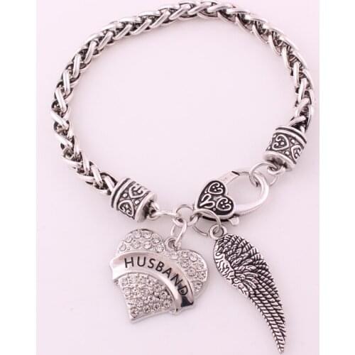 Antique sliver plated studded with sparkling crystal ANGEL WINGS and HUSBAND heart charm bracelet