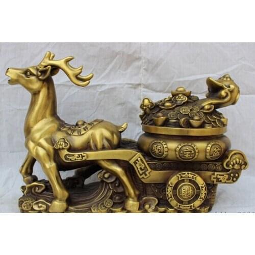 Bi001729 14" Lucky Chinese Bronze Auspicious Deer Carry Wealth RuYi Treasure Bowl Statue