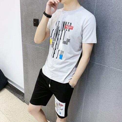Summer New Mens Fashion Casual Printing Sports Two Piece Outfits Short Sleeve O-Neck T-Shirts Elastic Waist Knee Length Shorts