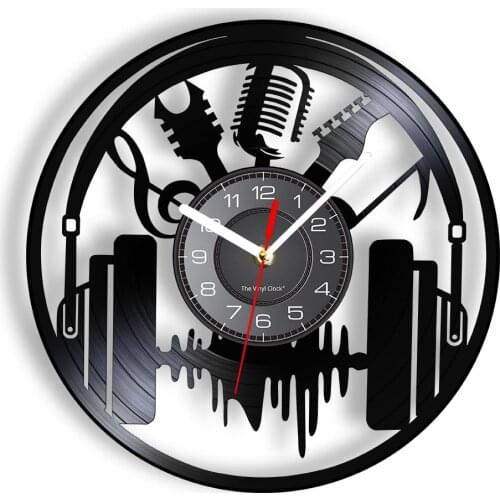 Headset Musical Instruments Microphone Record Wall Clock Vintage Guitar Soundwave Room Art Decor Rock n Roll Undead Music Gift