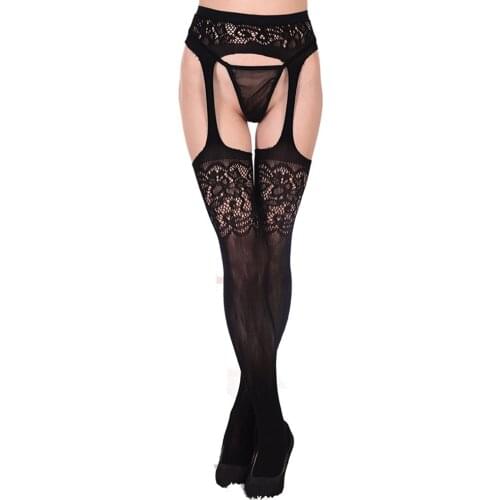 Hot Sexy Women Lace Floral Mesh Erotic Lingerie Pantyhose Garter Belt Hollow Fishnet Thigh High Stocking Socks Black Temptation
