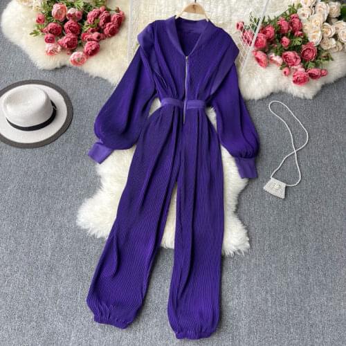 European Spring Autumn New Design Sense Zipper Temperament V-neck Slim Pleated Wide-leg Jumpsuits Women Fashion Streetwear 2021