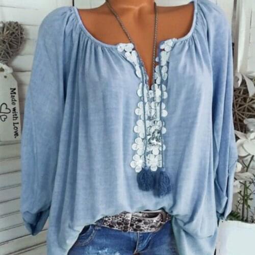 Lace Patchwork Blouse Women Autumn V-neck Long Sleeve Shirt Female Solid Loose Blouses Tops