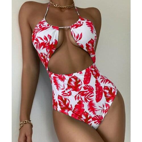 GossinaLeaf Printed Swimsuit Sexy Halter One Piece Swimwear Women Swimming Bathing Suit Summer Beachwear Red Monokini