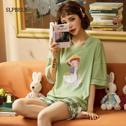 SLPBELY Summer Womens Pajamas Set Cartoon Plaid O Neck Short Sleeve Lovely Mujer Pijama Sleepwear Homewear Nightwear Pyjamas