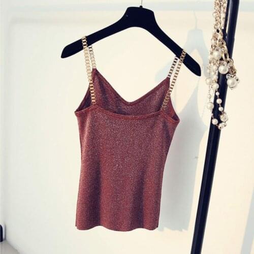 5 Colors Female Sleeveless Tank Tops Sexy Women V-Neck Knitted Camisole Club Girls Spaghetti Metal Strap Thin Shiny Glitter