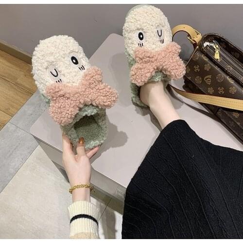 Fur Slippers New 2021 High Quality Cute Cartoon Animal Women Winter Warm Plush Home Fluffy Cotton House Shoes