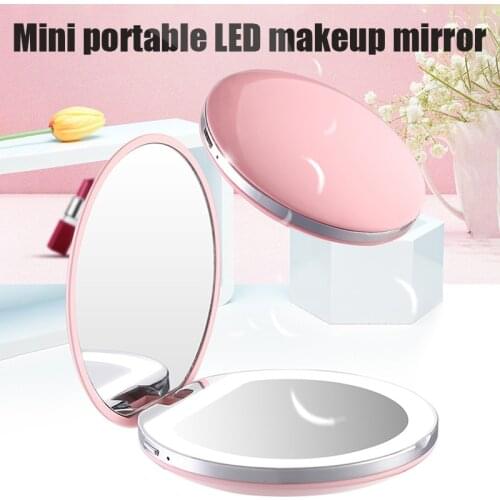 Mini Makeup Mirror with LED Light Compact Handheld Illuminated Folding Round Mirror for Home Travel MA