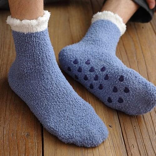 Men Winter Cozy Fuzzy Warm Slipper Socks Striped Coral Fluffy Plush Shoes Non-slip Thermal Home Sleeping Hosiery Plus Size