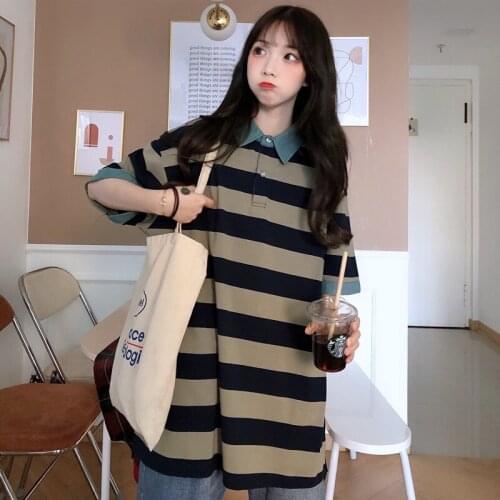 Harajuku Colorblock Polo Striped Short-Sleeved T-Shirt With Unisex Clothes Kawaii Gothic Top Oversized Ulzzang Top For Girls