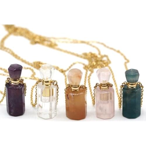 Natural Perfume Bottle Crystal Stone Pendant Necklace Agates Rose Quartzs Essential Oil Diffuser Charm Copper Chain Jewelry