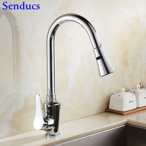 Senducs Brass Pull Down Kitchen Faucet Single Handle Hot Cold Kitchen Sink Faucet Quality Copper Pull Out Kitchen Mixer Tap