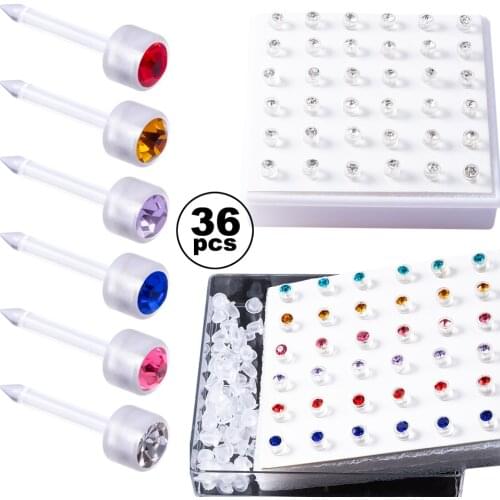 36pcs Acrylic Inlaid Zircon Stud Earrings Ear Piercing Push Back Ear Cartilage Tragus Daith Piercing Jewelry for Women Men 16G